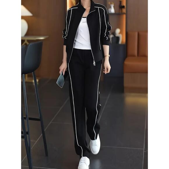 NWT ~ 2 Piece Black Casual Track Suit Sweatsuit White Trim Activewear ~ Size 2 - Picture 2 of 4